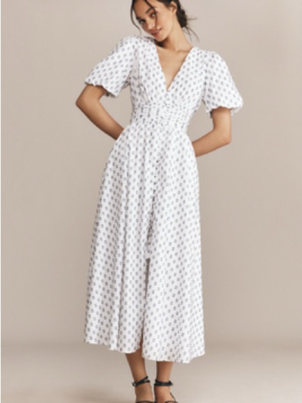 Anthropologie Katerina Button front White and Navy Midi Dress with V-Neck 2x - Picture 2 of 6
